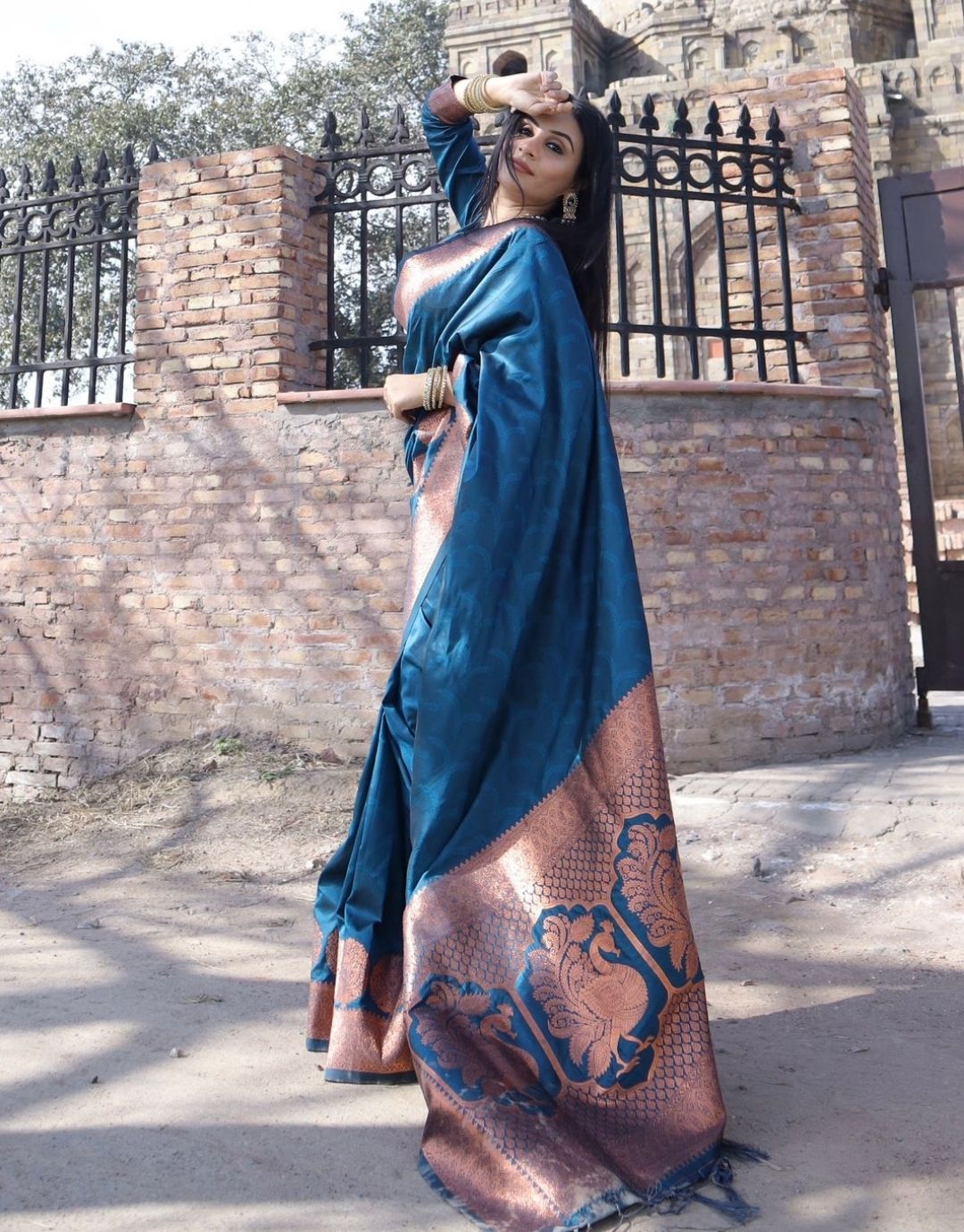 DIANA BLUE TRADITIONAL KANCHI SOFT SILK SARI WITH ATTACHED BLOUSE