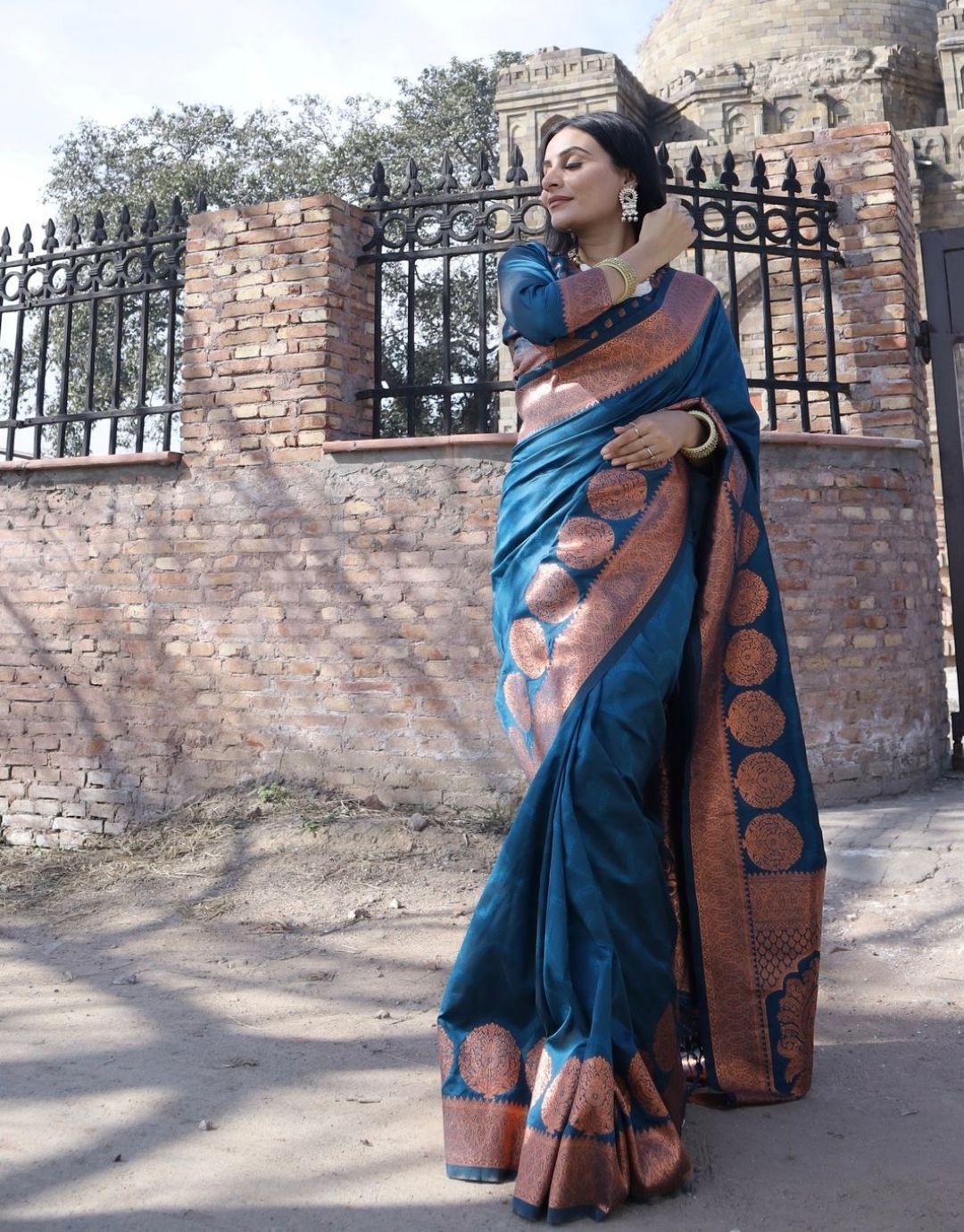 DIANA BLUE TRADITIONAL KANCHI SOFT SILK SARI WITH ATTACHED BLOUSE