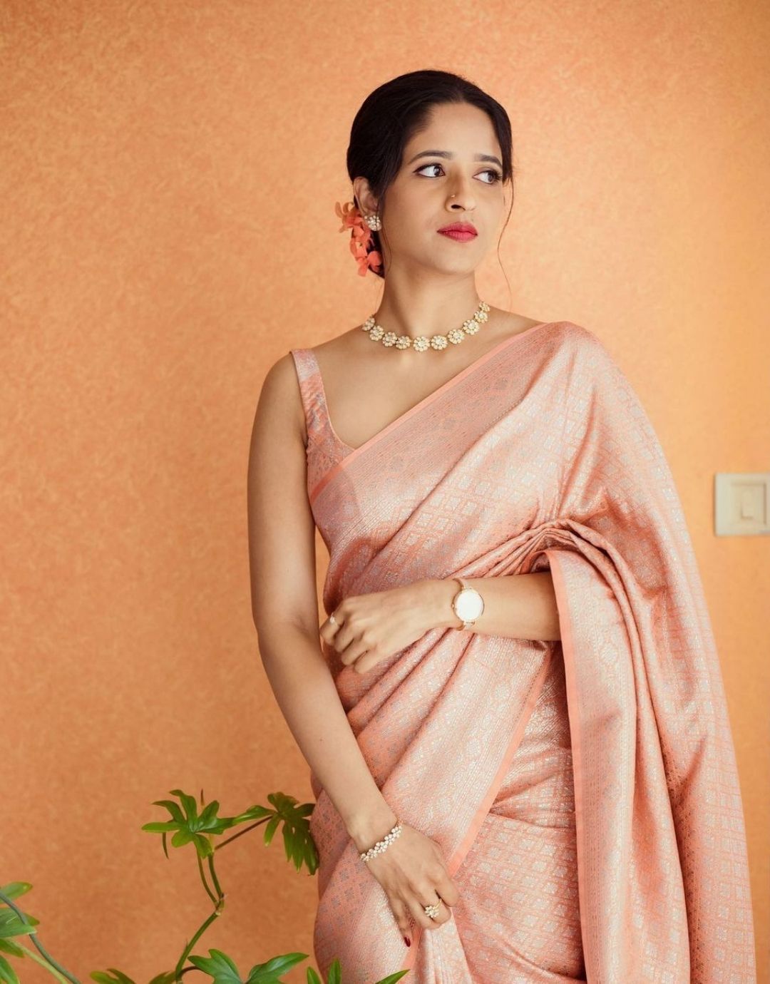 Bindu Peach Kanchipuram Saree 