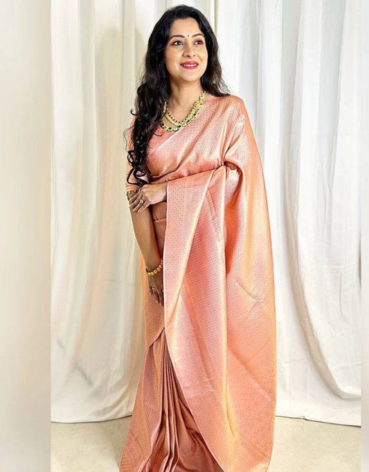 Mesory Peach Soft Silk Saree With Scintilla Blouse Piece