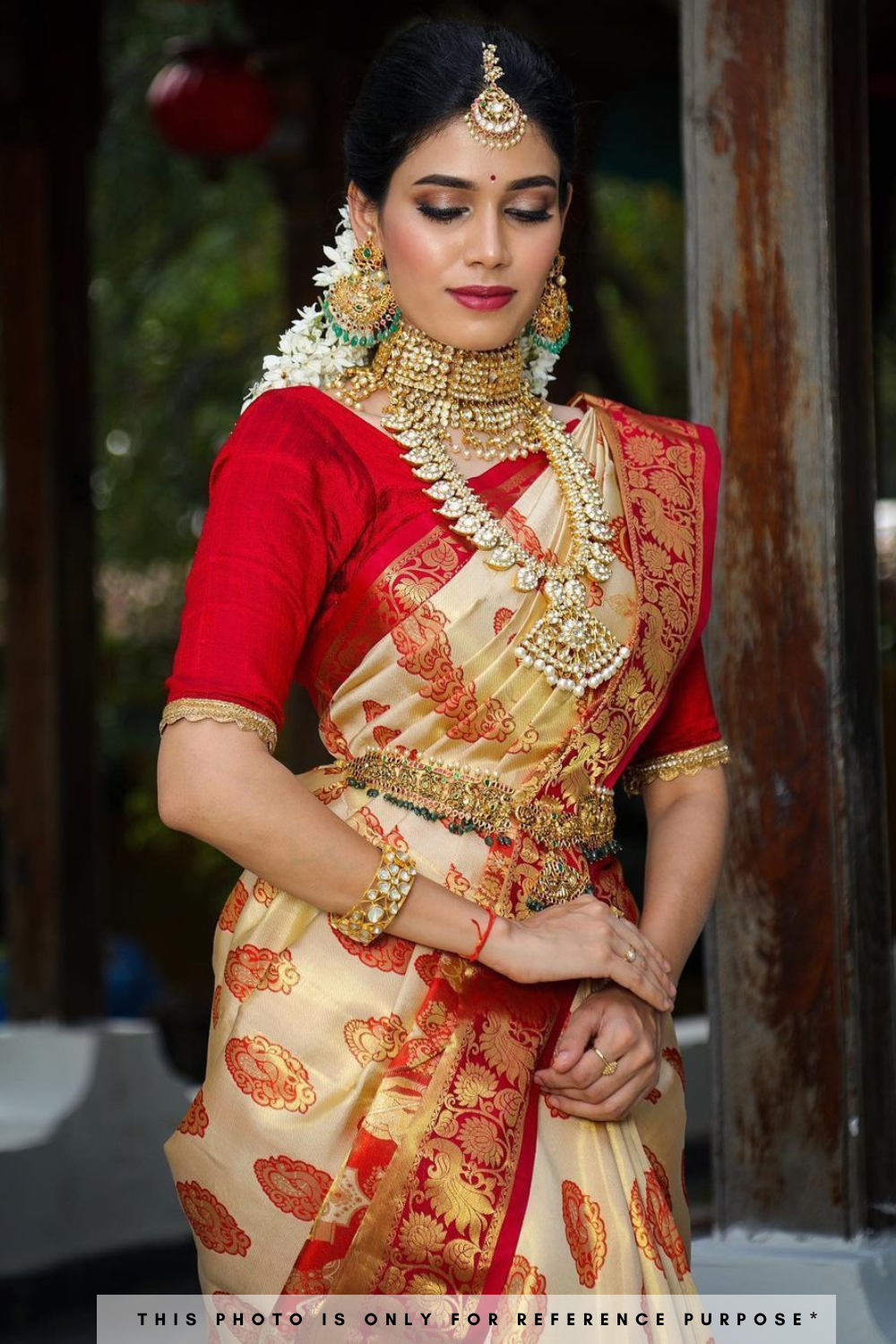 Creamy White And Red Kanchipuram Saree