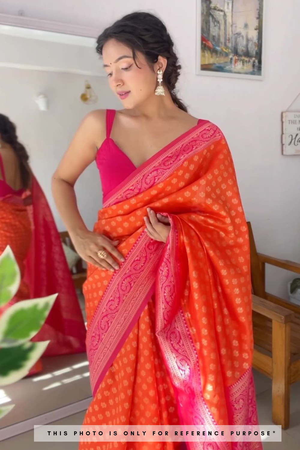 Orangey Red And Raspberry Pink Dual Tone Kanchipuram Silk Saree