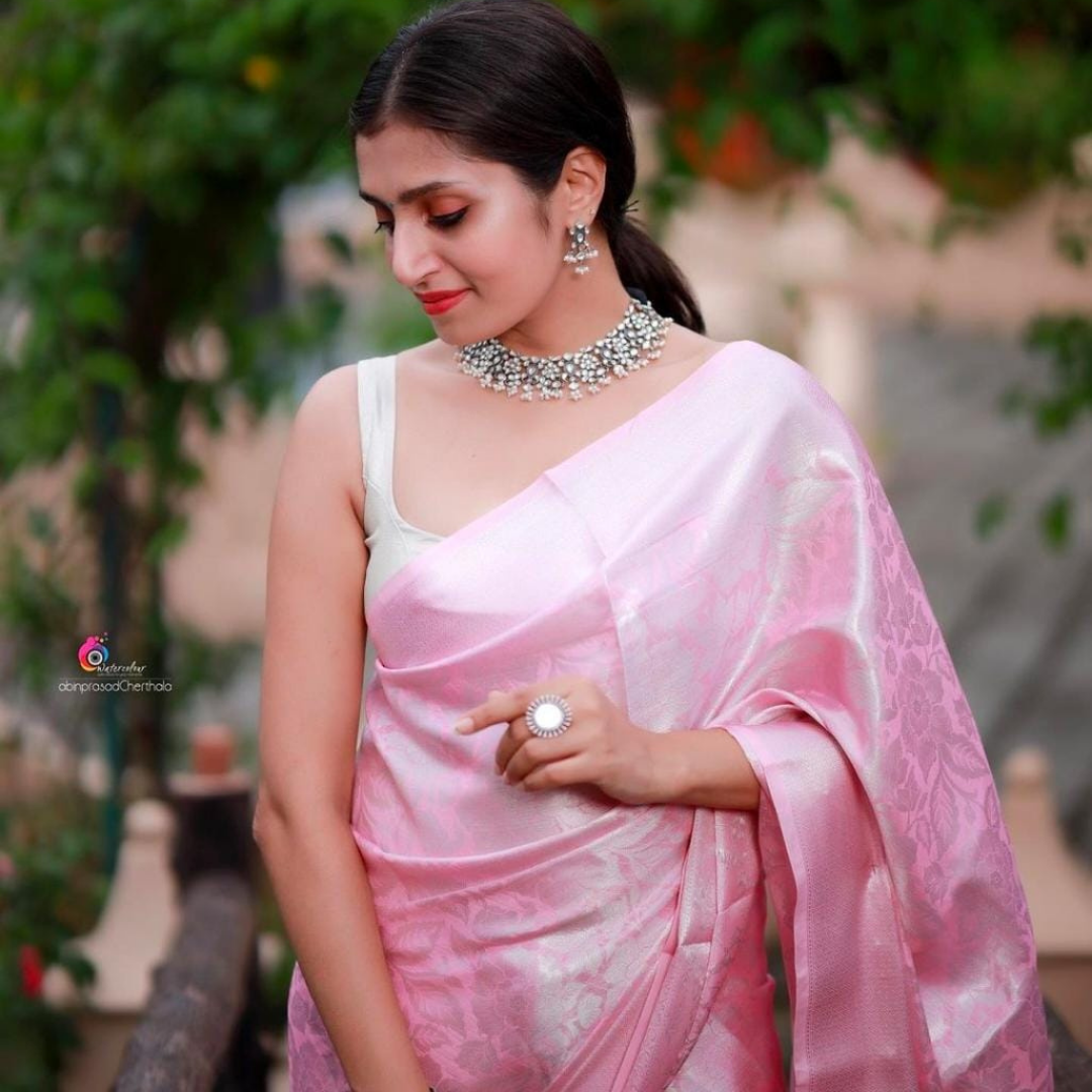 SWENI PINK ARCHAIC TRADITIONAL KANCHI SOFT SILK SARI WITH ATTACHED BLOUSE