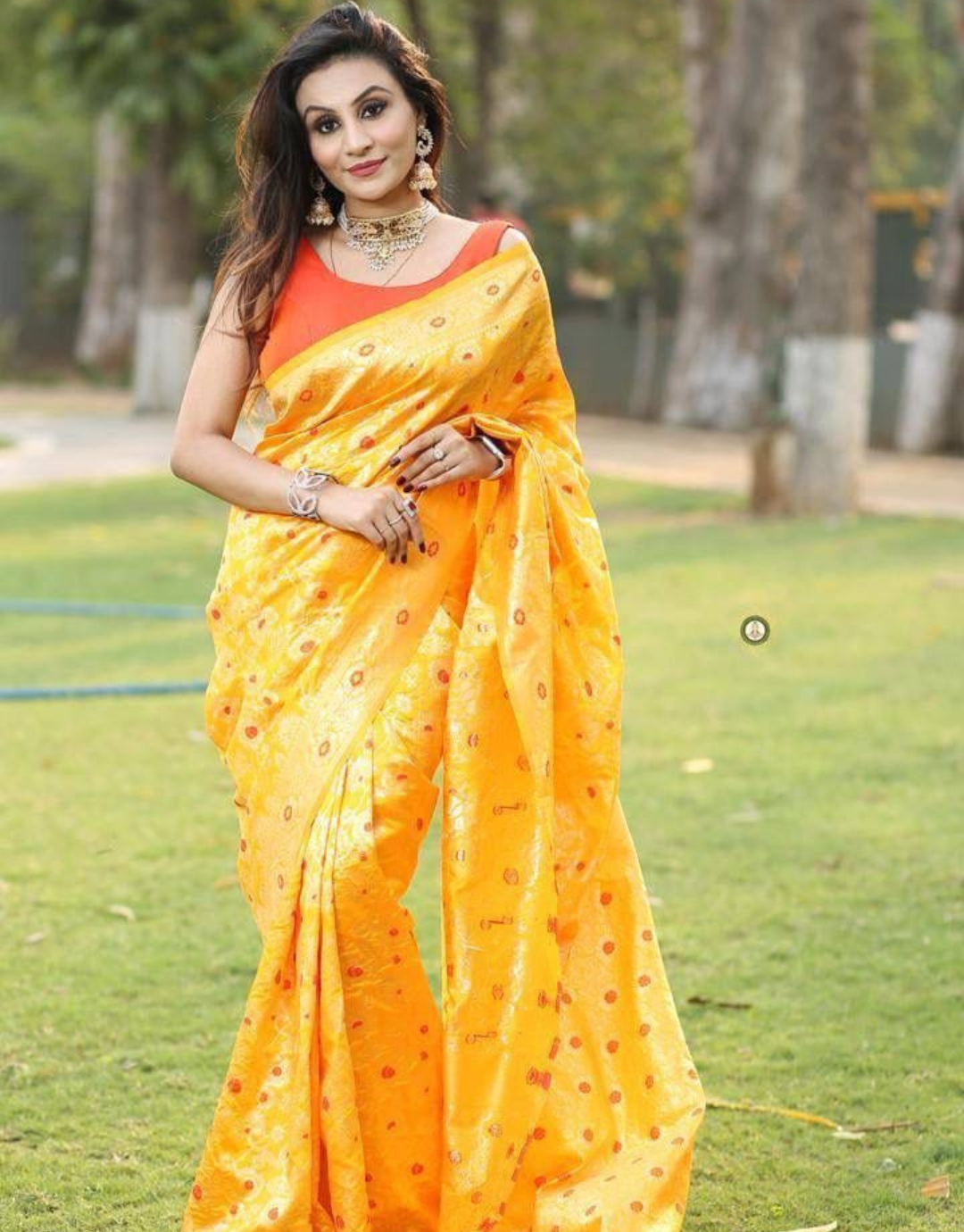 YELLOW BUTTI TRADITIONAL KANCHI SOFT SILK SARI WITH ATTACHED BLOUSE