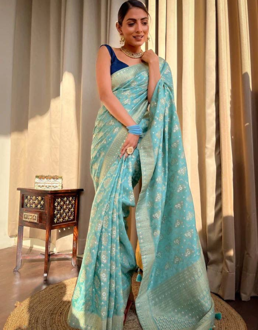 Pooja Sky Blue Banarasi Saree