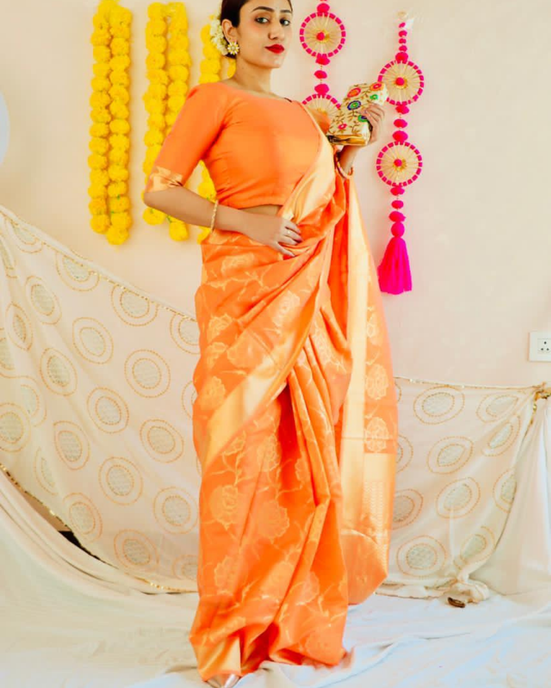  Orangenaam Stylish Festive Soft Silk Saree With Attached Blouse