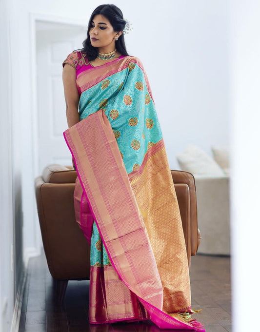 Aqua Sky And Pink Traditional Lichi Silk Saree With Attached Blouse