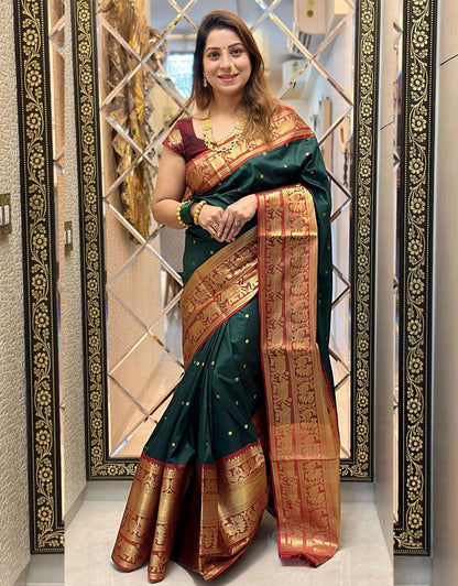 NATASHA GREEN TRADITIONAL KANCHI SOFT SILK SARI WITH ATTACHED BLOUSE