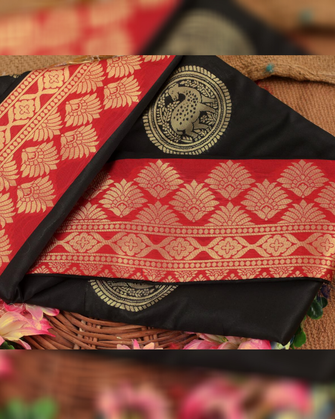 Barkha Black and Red Soft Silk Saree With Attached Blouse