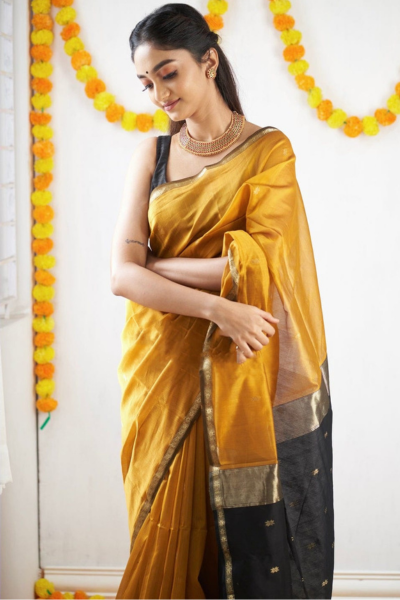 Freya Mustard-Black Cotton Silk Saree