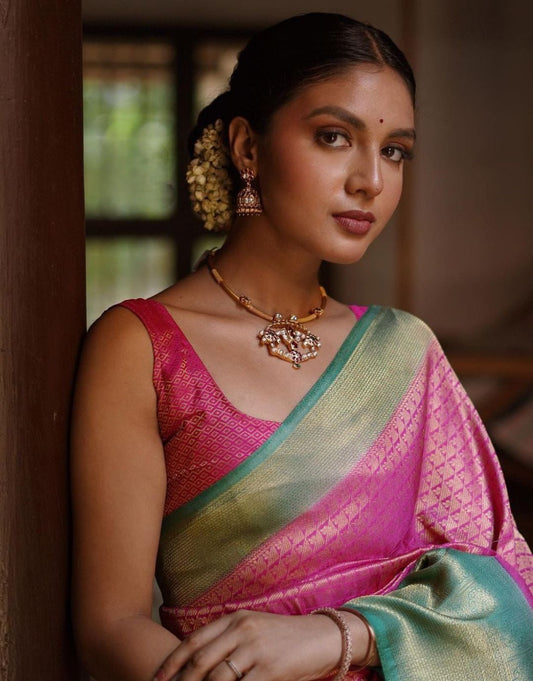 BHAKTI PINK TRADITIONAL KANCHI SOFT SILK SARI WITH ATTACHED BLOUSE