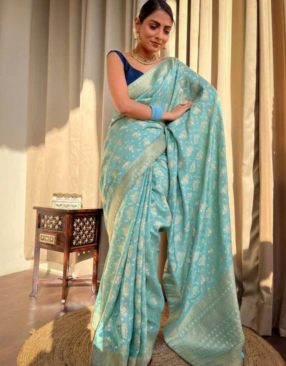 Pooja Sky Blue Banarasi Saree