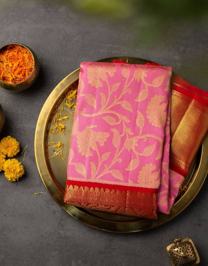 PINK VELLY TRADITIONAL KANCHI SOFT SILK SARI WITH ATTACHED BLOUSE