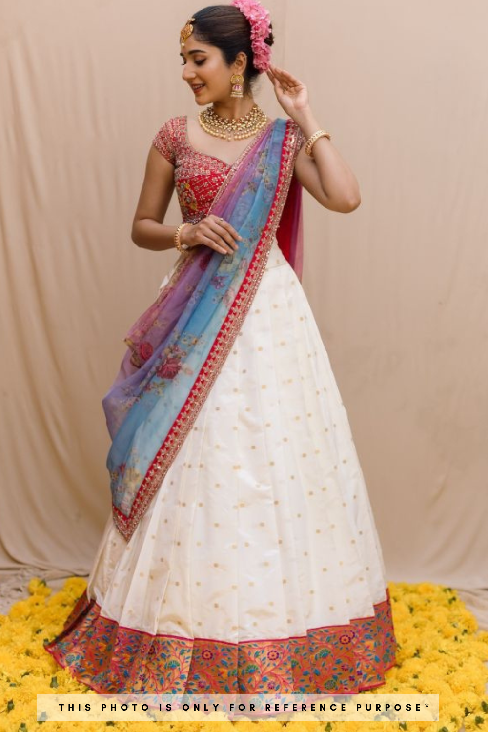 Off White Coloured Kanchipuram Half Saree With Organza Dupatta