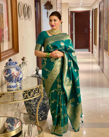 Gold Firozi Banarasi Silk Saree With Attached Blouse