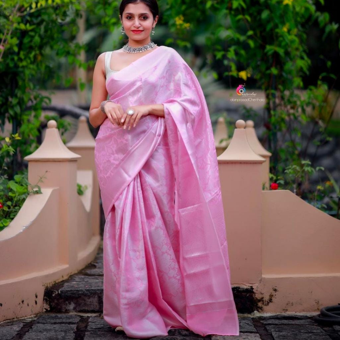 SWENI PINK ARCHAIC TRADITIONAL KANCHI SOFT SILK SARI WITH ATTACHED BLOUSE