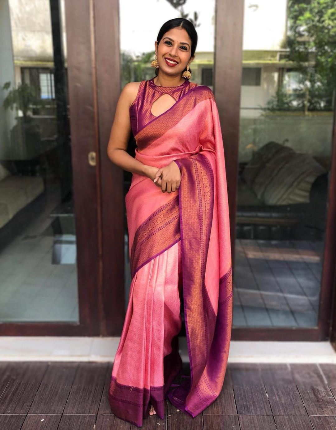 Pink Delight Traditional Kanchi Soft Silk Saree With Attached Blouse