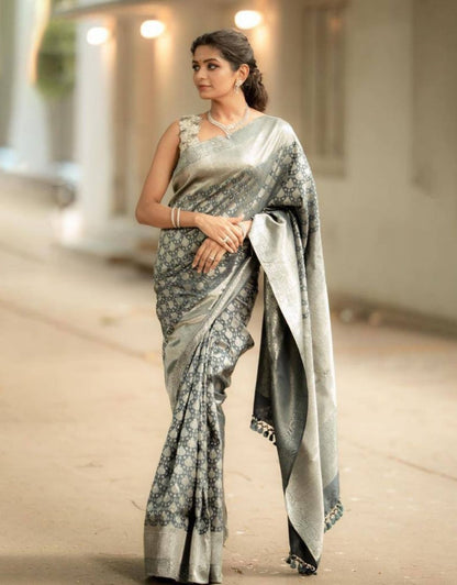 GREY ZUMKHI TRADITIONAL KANCHI SOFT SILK SARI WITH ATTACHED BLOUSE