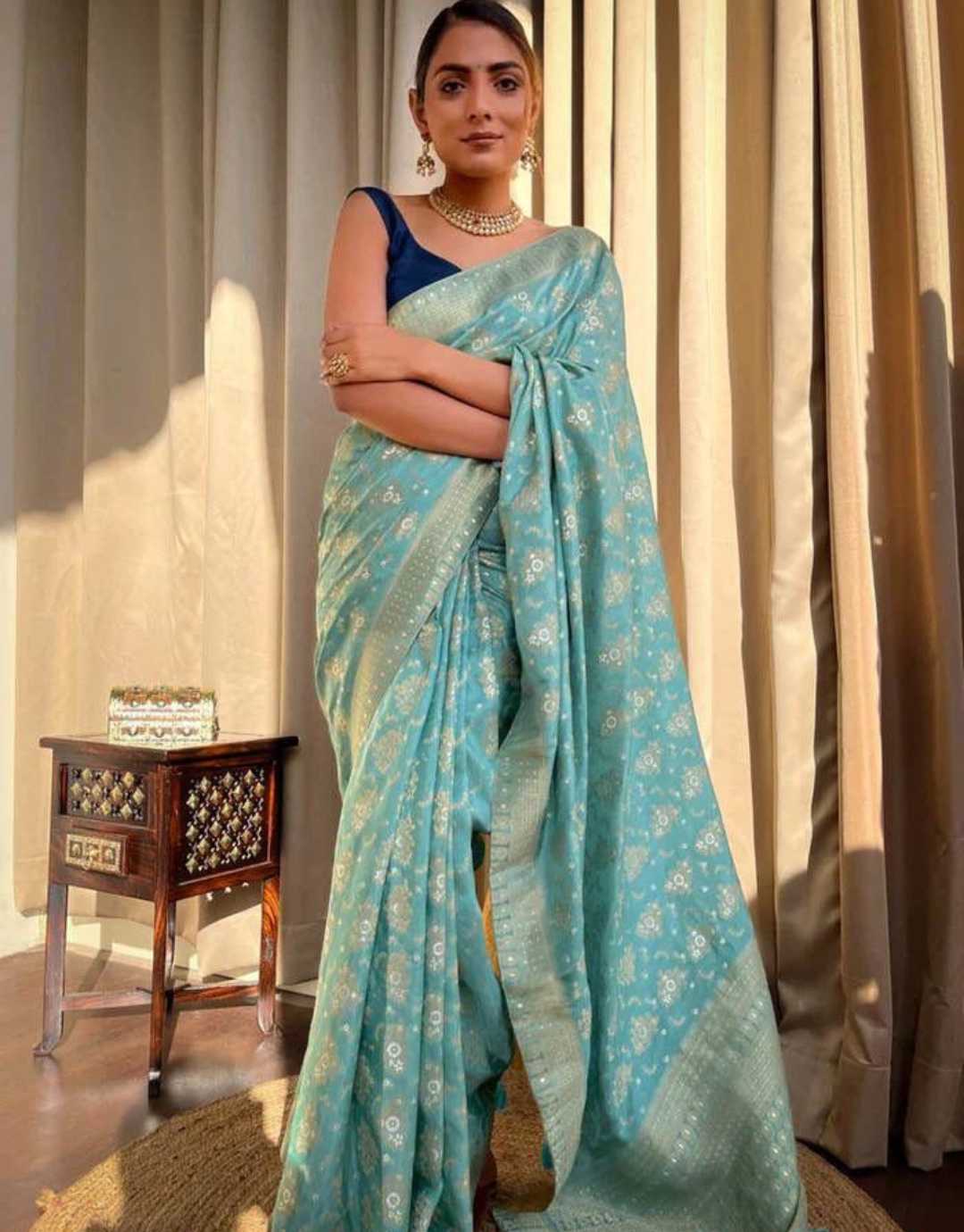 Pooja Sky Blue Banarasi Saree