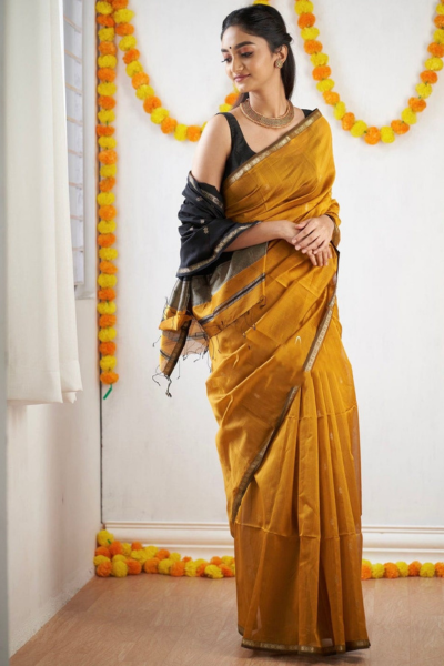 Freya Mustard-Black Cotton Silk Saree