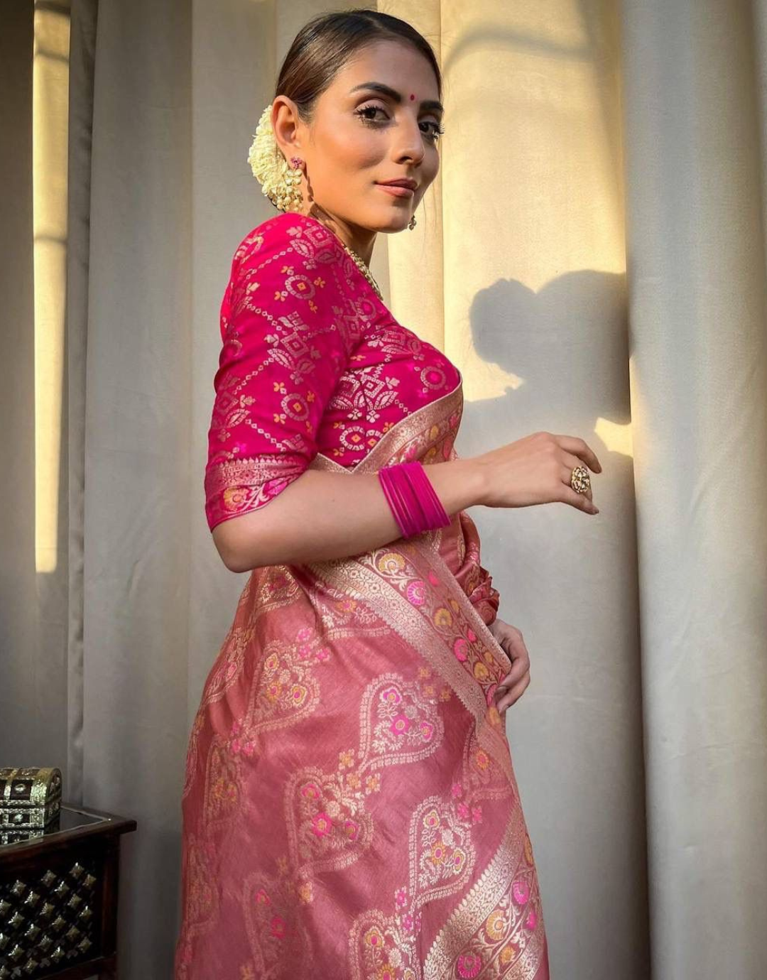 Tisha Pestal Pink Banarasi Saree