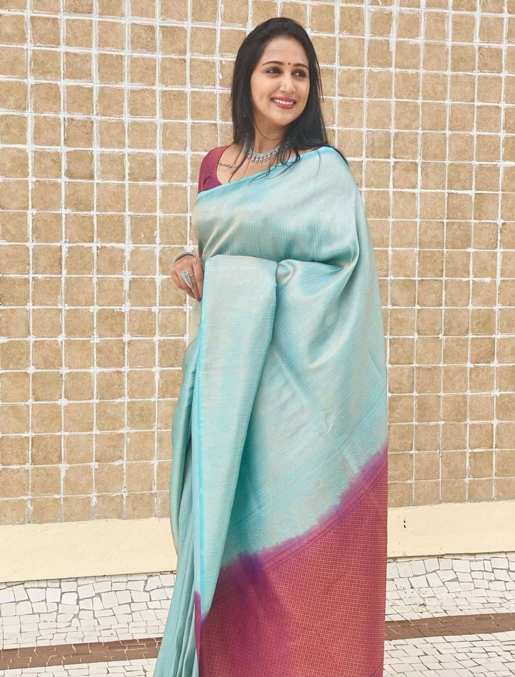 Aarya Sky Traditional Lichi Silk Saree With Attached Blouse