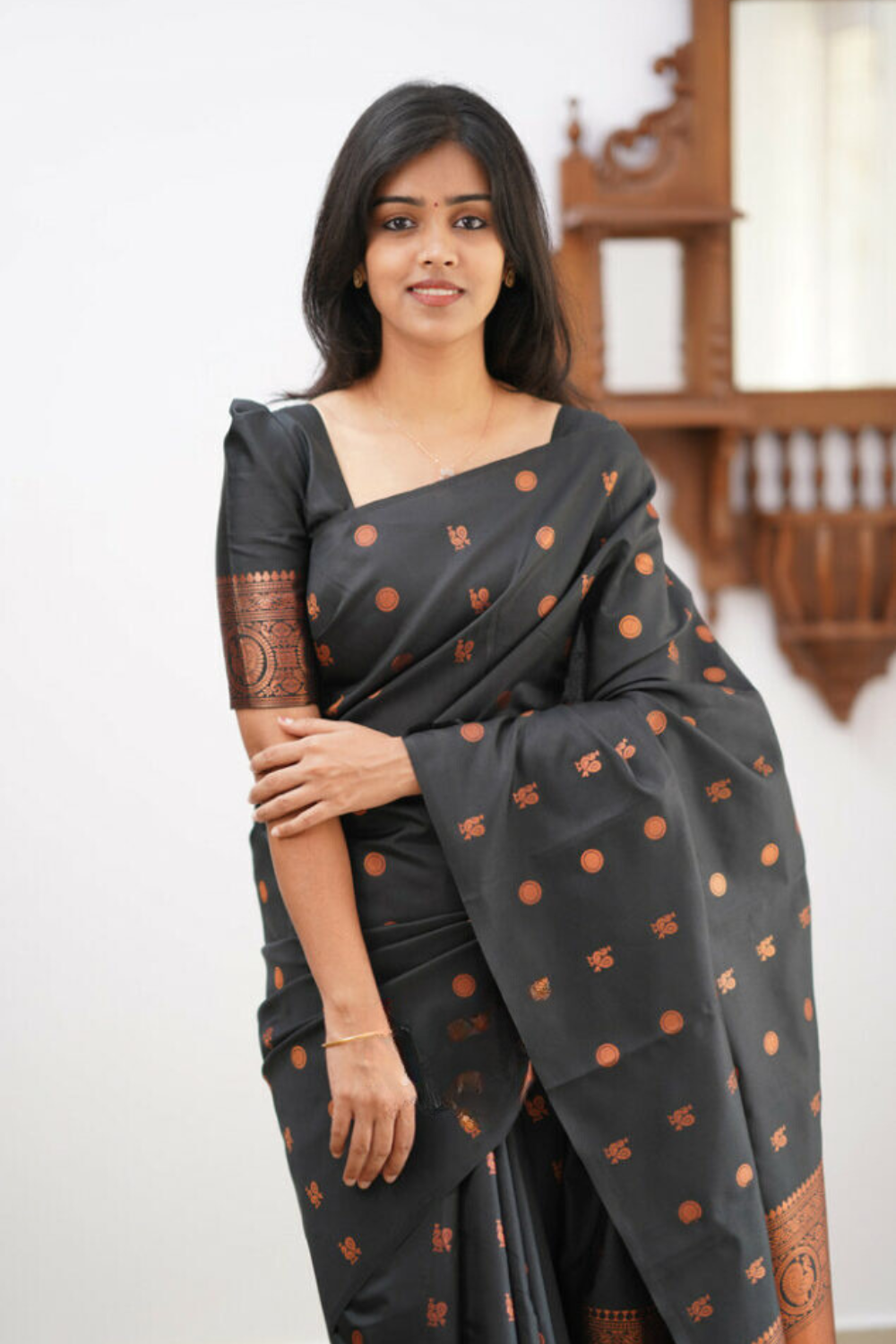 Antique Charcoal Black Kanchipuram Soft Silk Saree