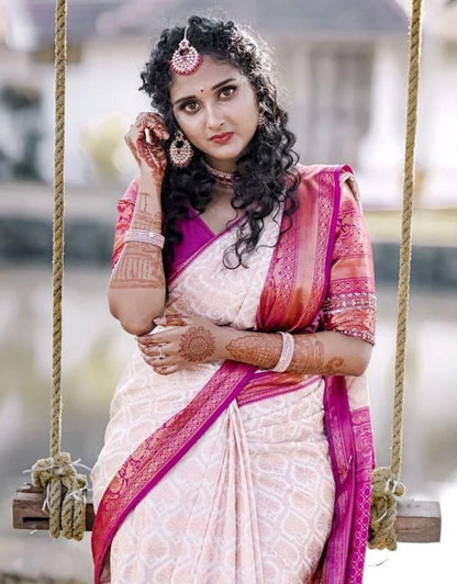 SATYA OFF-WHITE PINK TRADITIONAL KANCHI SOFT SILK SARI WITH ATTACHED BLOUSE