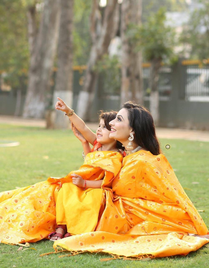 YELLOW BUTTI TRADITIONAL KANCHI SOFT SILK SARI WITH ATTACHED BLOUSE