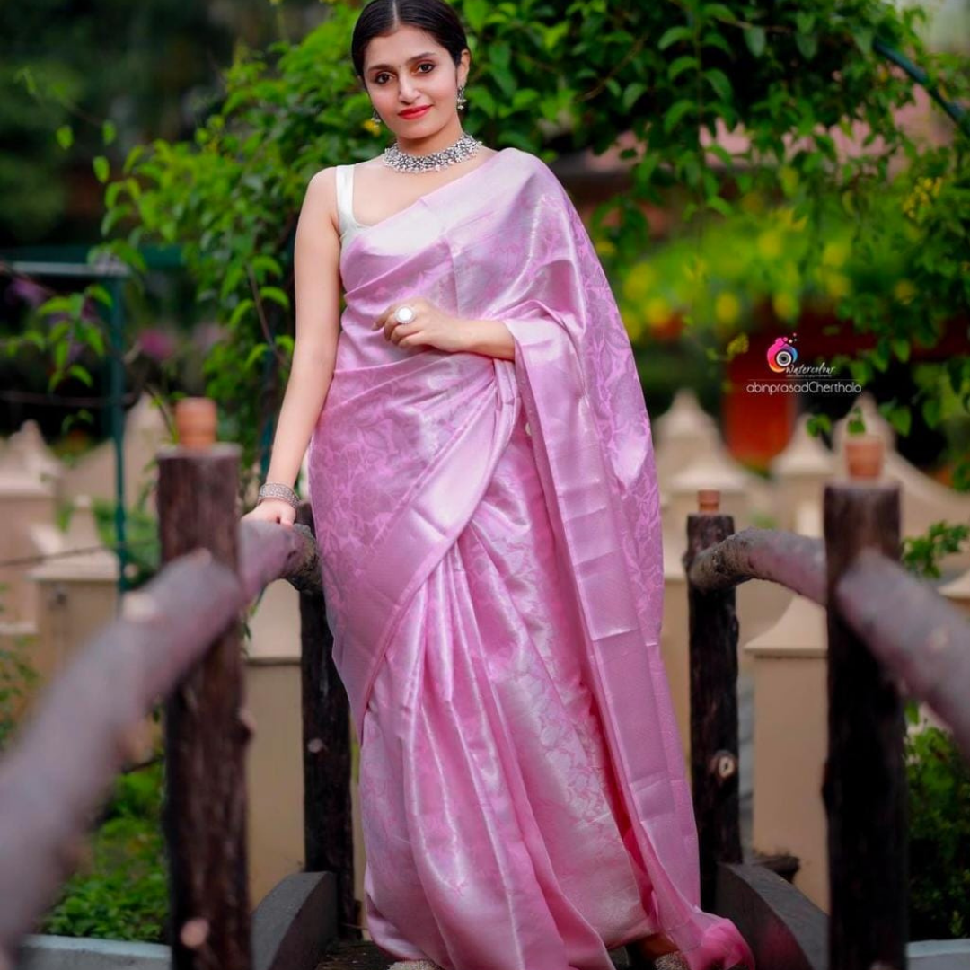 SWENI PINK ARCHAIC TRADITIONAL KANCHI SOFT SILK SARI WITH ATTACHED BLOUSE