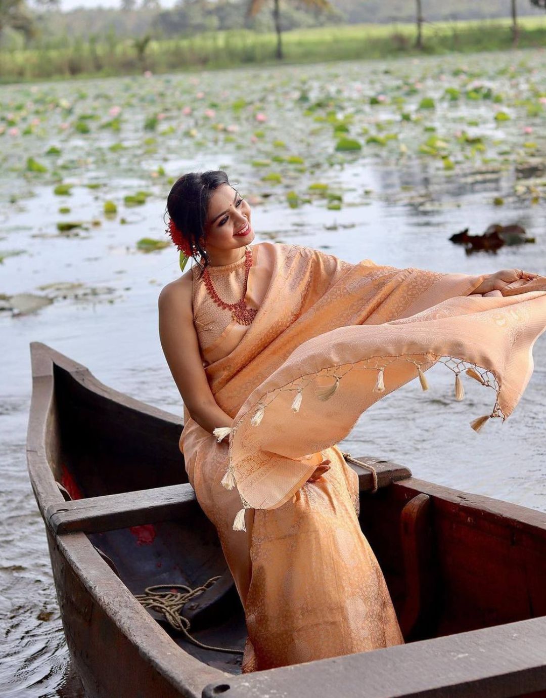 PALAK PEACH TRADITIONAL KANCHI SOFT SILK SARI WITH ATTACHED BLOUSE