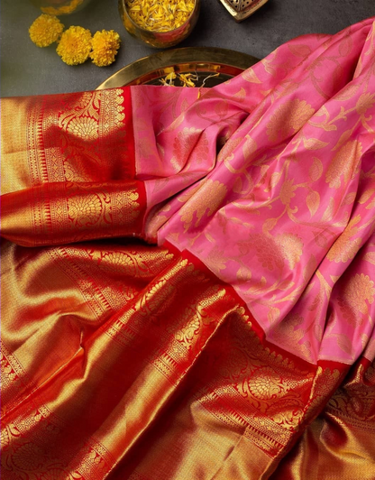 PINK VELLY TRADITIONAL KANCHI SOFT SILK SARI WITH ATTACHED BLOUSE