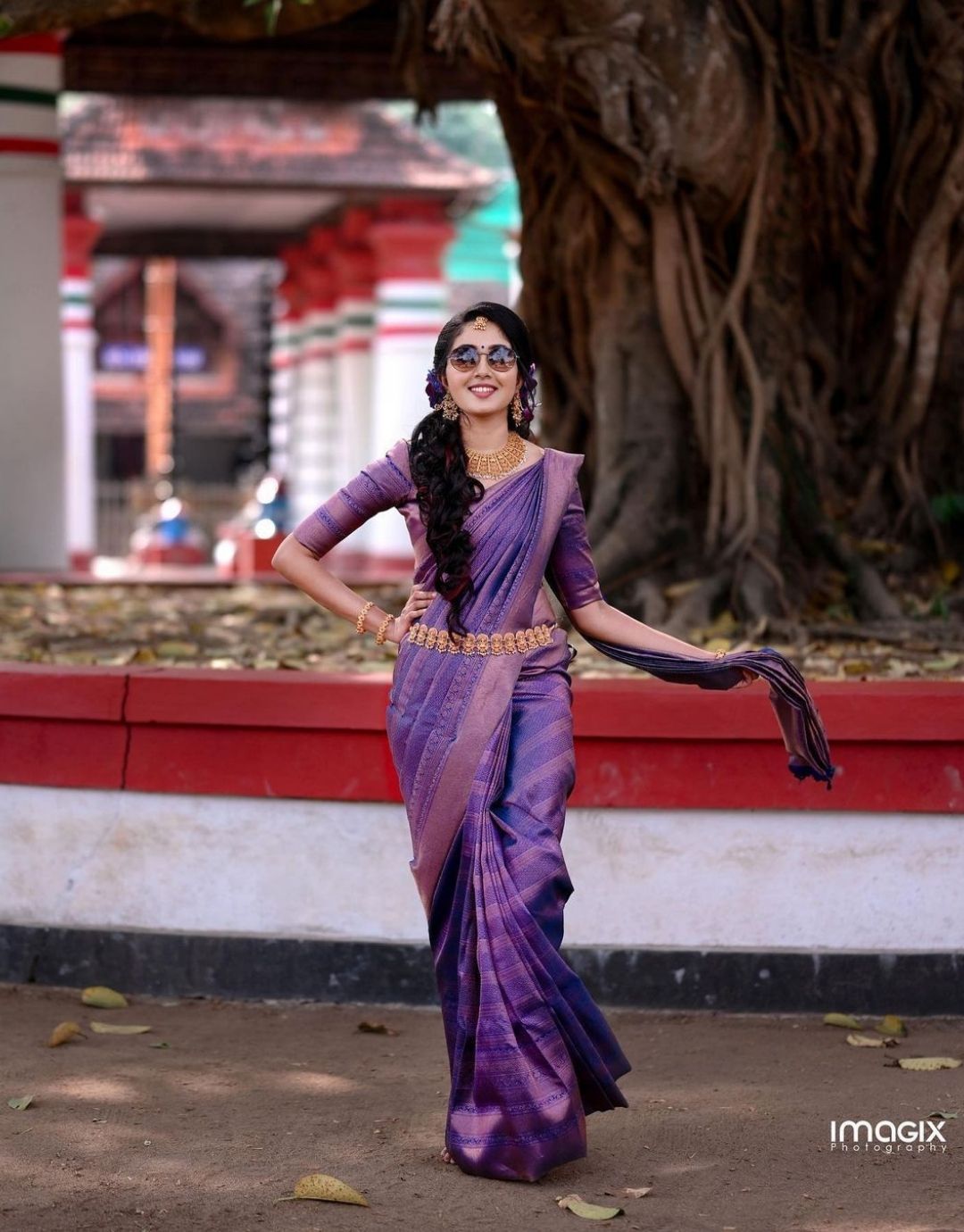 PURPLE GOLDEN PATTA TRADITIONAL KANCHI SOFT SILK SARI WITH ATTACHED BLOUSE