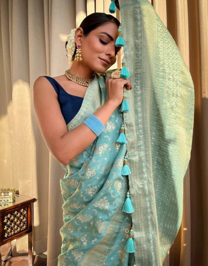 Pooja Sky Blue Banarasi Saree