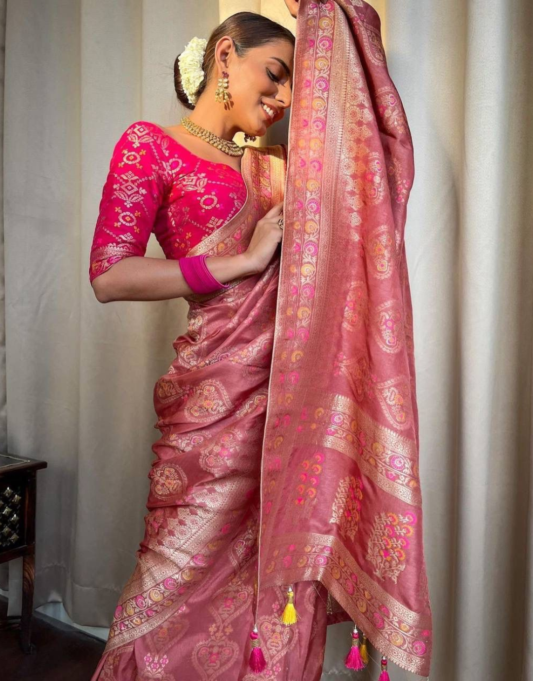 Tisha Pestal Pink Banarasi Saree