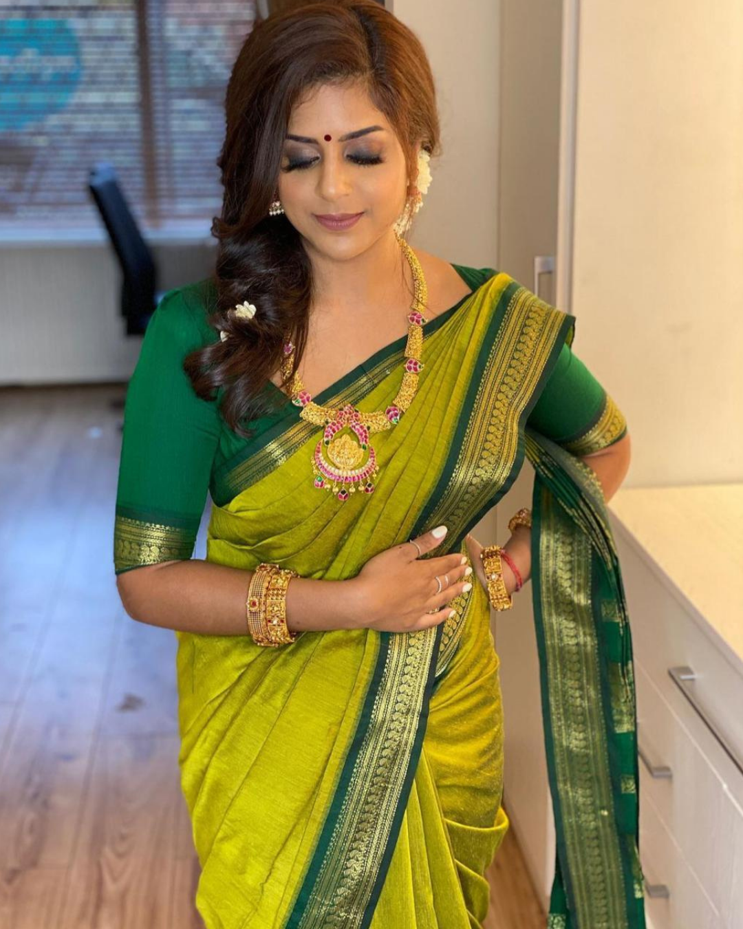 Reema Green Pure Soft Silk Sari With Attached Blouse 