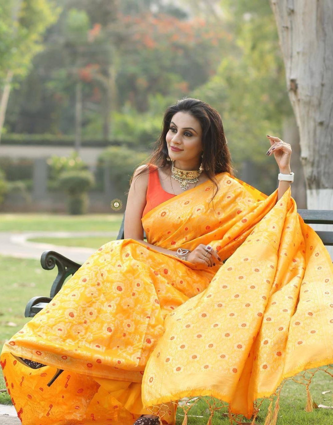 YELLOW BUTTI TRADITIONAL KANCHI SOFT SILK SARI WITH ATTACHED BLOUSE