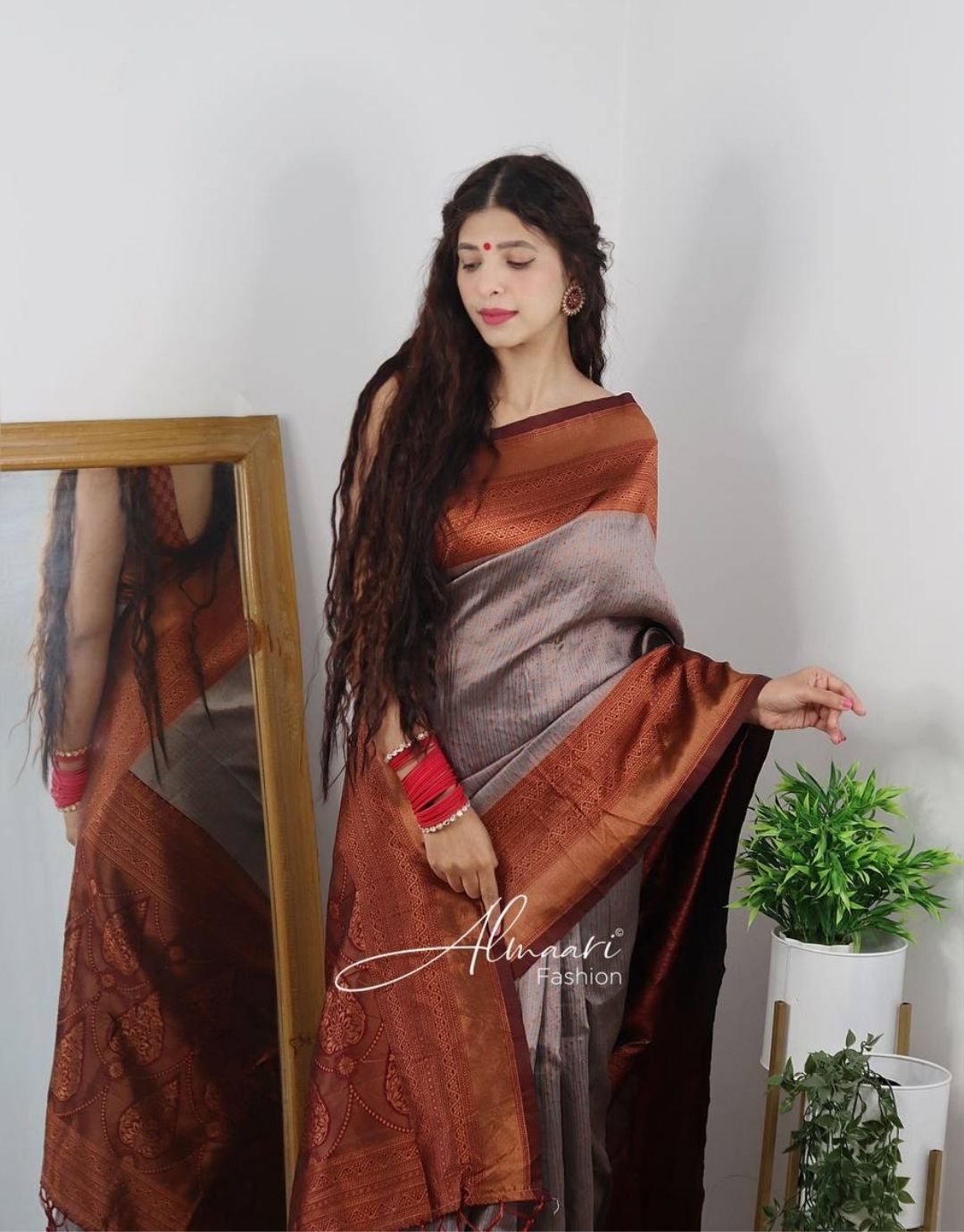 FREYA GREY TRADITIONAL KANCHI SOFT SILK SARI WITH ATTACHED BLOUSE