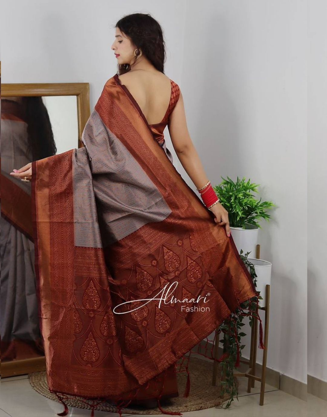 FREYA GREY TRADITIONAL KANCHI SOFT SILK SARI WITH ATTACHED BLOUSE