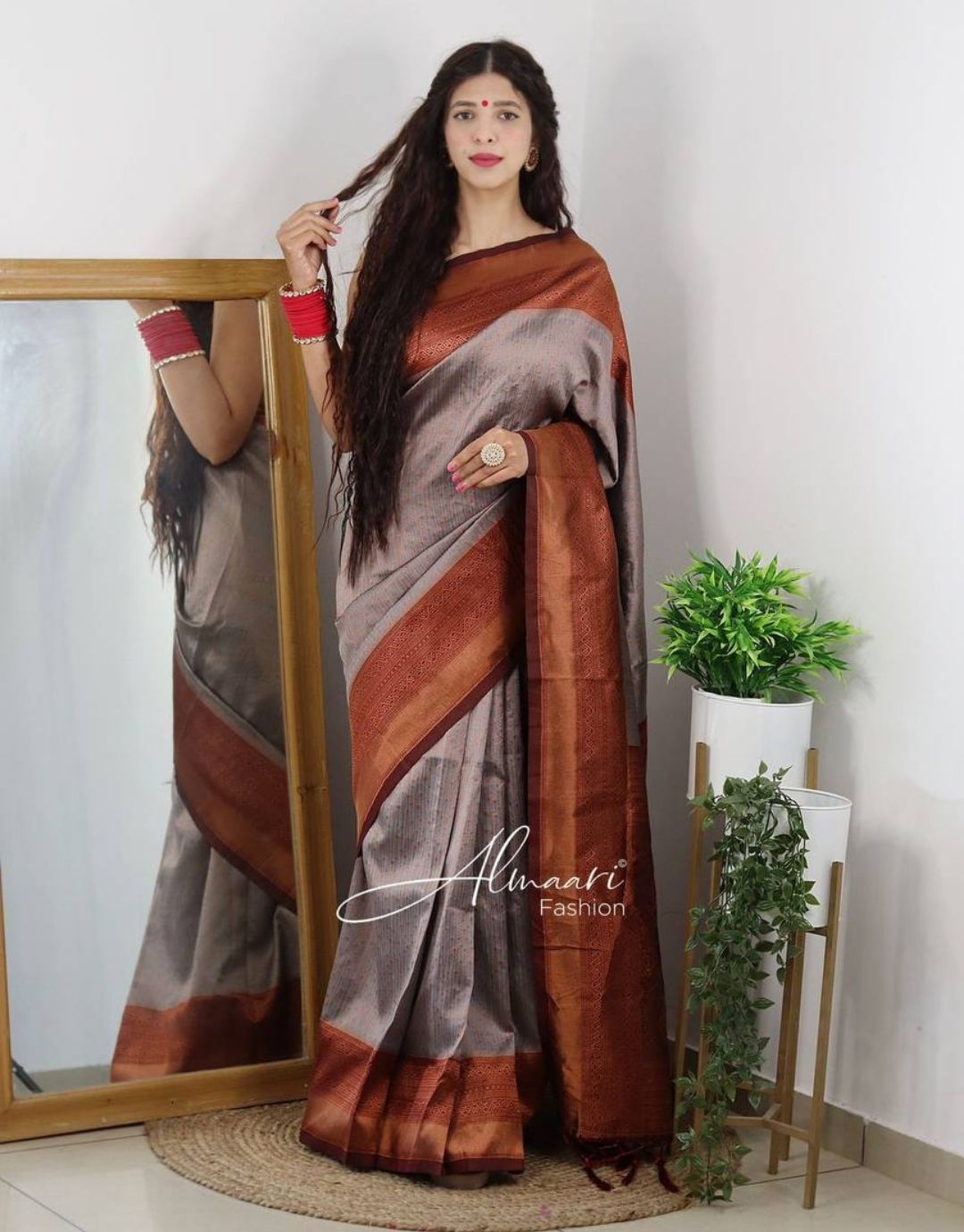 FREYA GREY TRADITIONAL KANCHI SOFT SILK SARI WITH ATTACHED BLOUSE