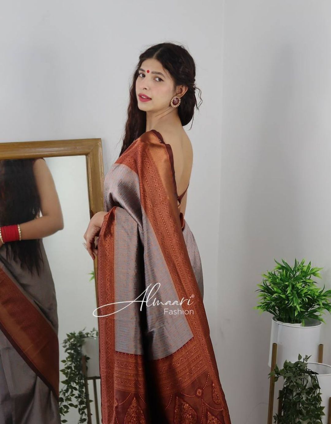 FREYA GREY TRADITIONAL KANCHI SOFT SILK SARI WITH ATTACHED BLOUSE