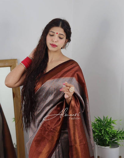 FREYA GREY TRADITIONAL KANCHI SOFT SILK SARI WITH ATTACHED BLOUSE