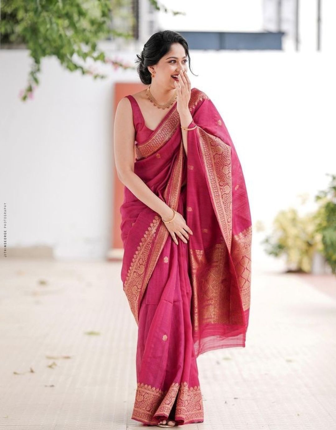 MAGENTA PINK TRADITIONAL KANCHI SOFT SILK SARI WITH ATTACHED BLOUSE