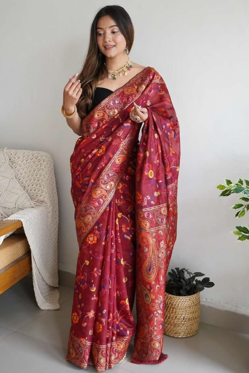 Meera Maroon Kashmiri Pashmina Silk Saree