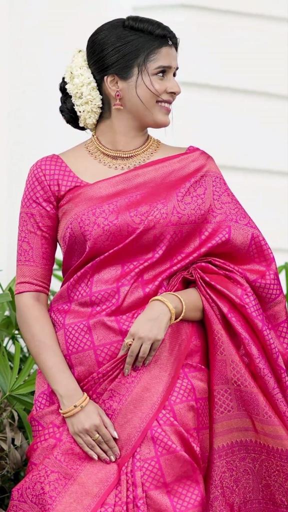 Yamini Dark Pink Traditional Silk Saree With Attached Blouse