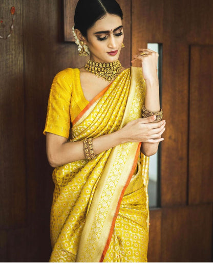 Trisha Yellow Traditional Silk Saree With Attached Blouse