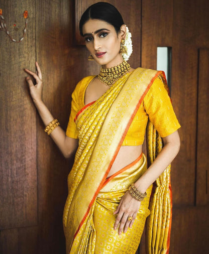 Trisha Yellow Traditional Silk Saree With Attached Blouse