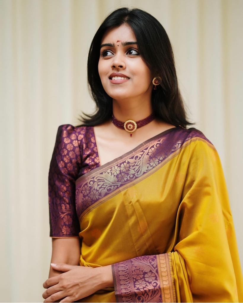 Yellow Purple Vel Traditional Silk Saree With Attached Blouse