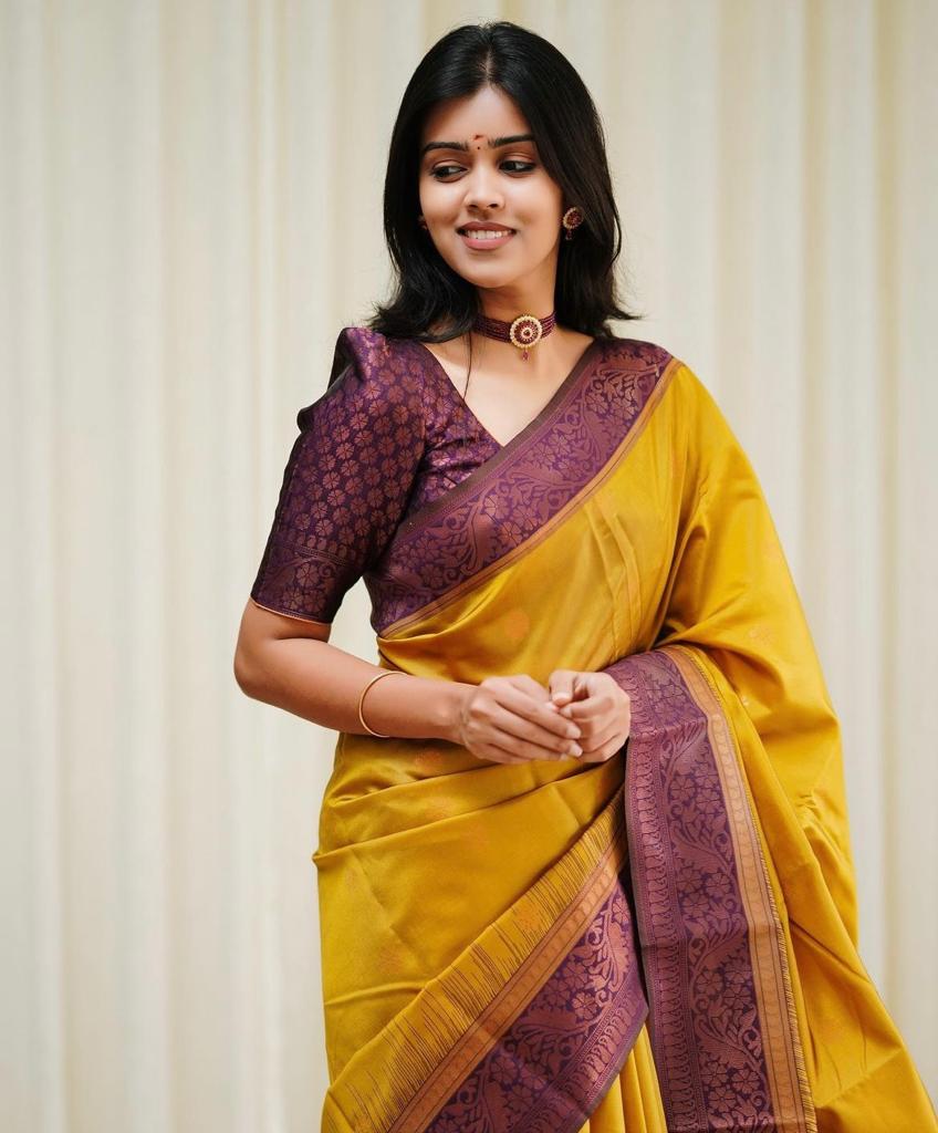 Yellow Purple Vel Traditional Silk Saree With Attached Blouse