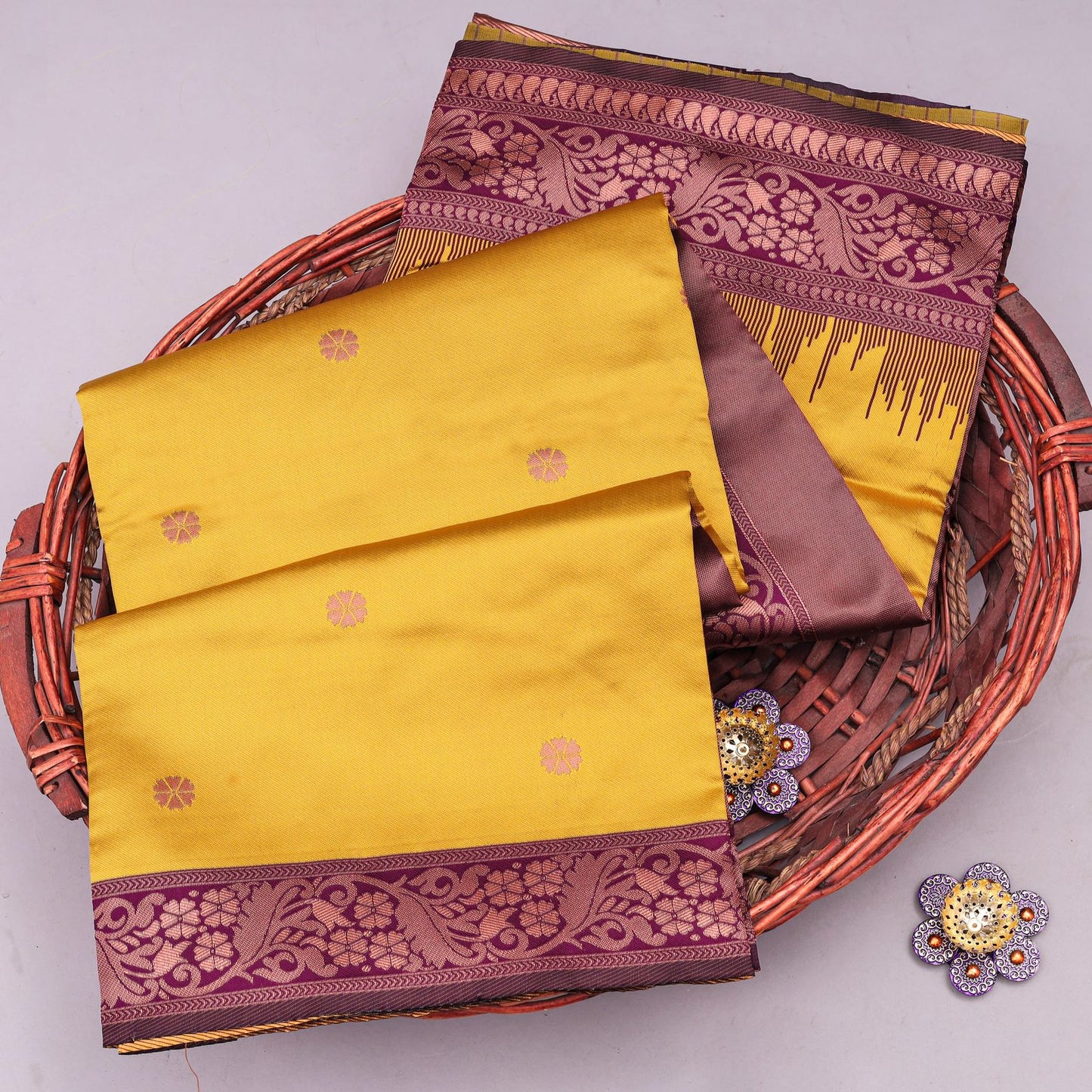 Yellow Purple Vel Traditional Silk Saree With Attached Blouse